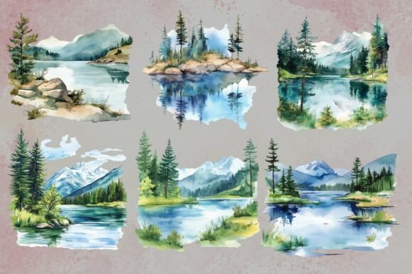 Download Watercolor Lake Landscape Clipart - Landscape Collection